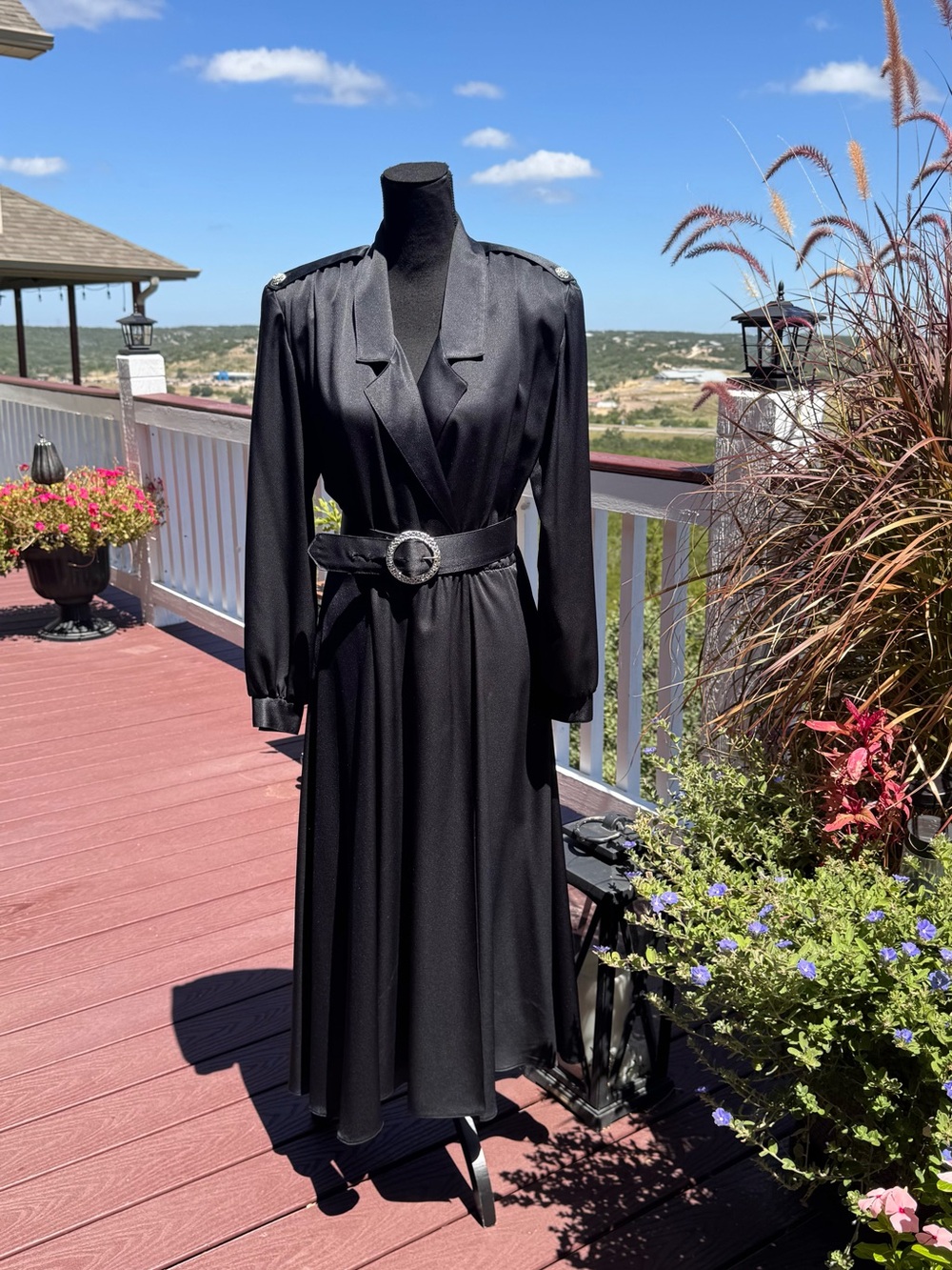 Vintage Caron Black Long Sleeve Belted Midi Dress